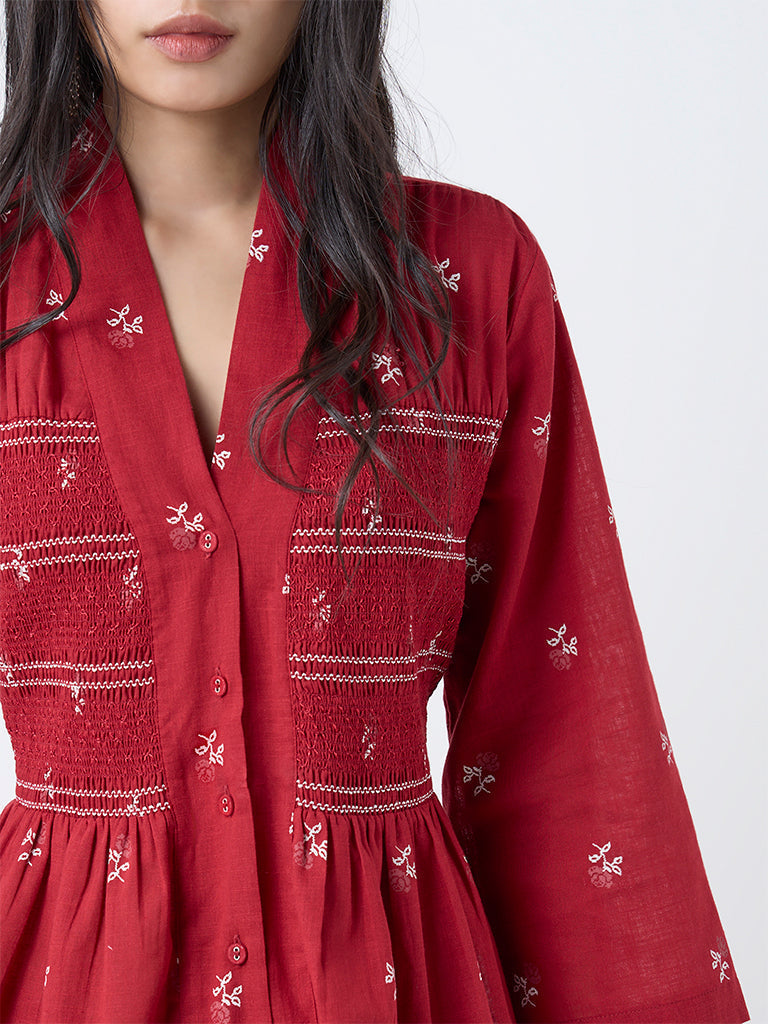 Utsa Red Embroidered Smocked Cotton Tunic