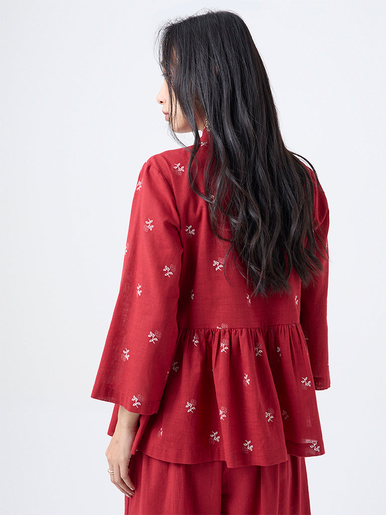 Utsa Red Embroidered Smocked Cotton Tunic
