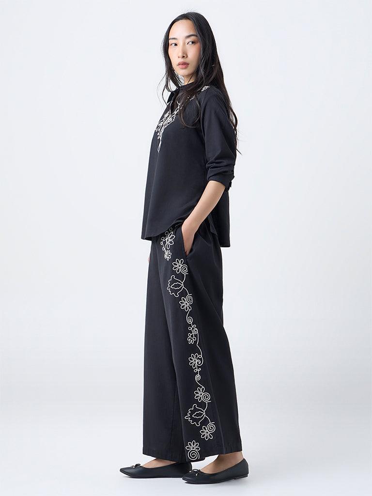 Utsa Black Floral Embroidered Cotton-Blend Palazzos