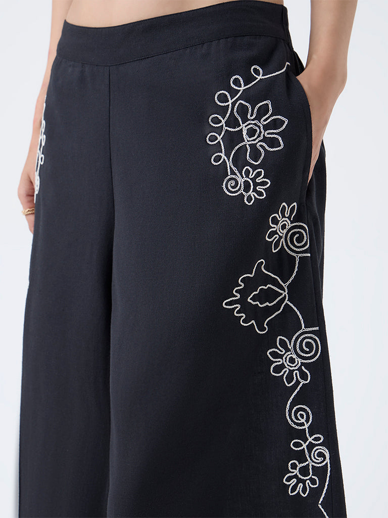 Utsa Black Floral Embroidered Cotton-Blend Palazzos