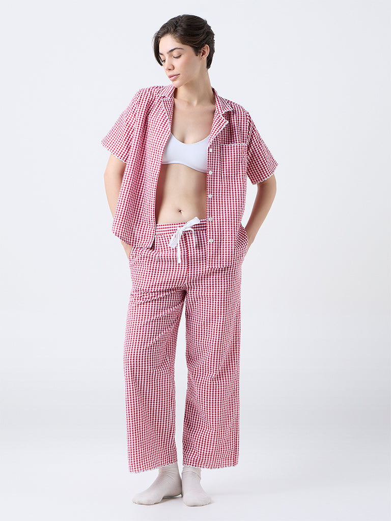 Wunderlove Red Checkered Cotton Shirt and Pyjamas Set