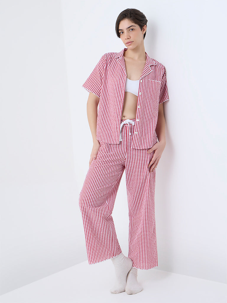 Wunderlove Red Checkered Cotton Shirt and Pyjamas Set