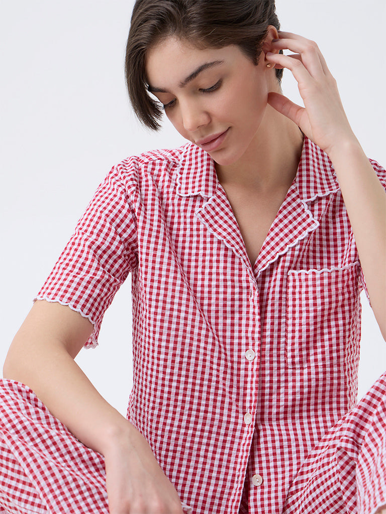 Wunderlove Red Checkered Cotton Shirt and Pyjamas Set