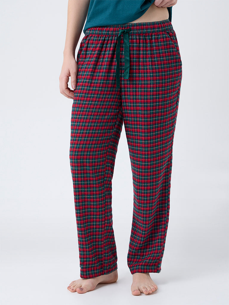 Wunderlove Red Checkered High-Rise Cotton Pants