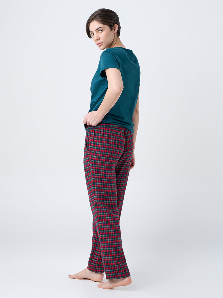 Wunderlove Red Checkered High-Rise Cotton Pants