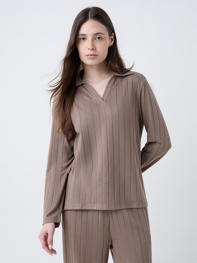 Wunderlove Brown Ribbed-Textured Top