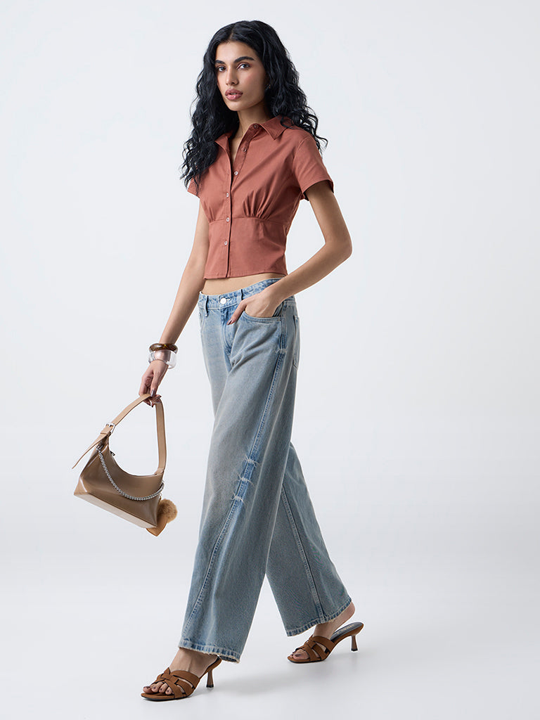 Nuon Brown Smocked Cotton Shirt