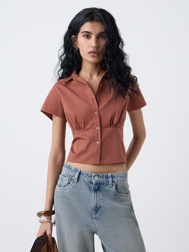 Nuon Brown Smocked Cotton Shirt