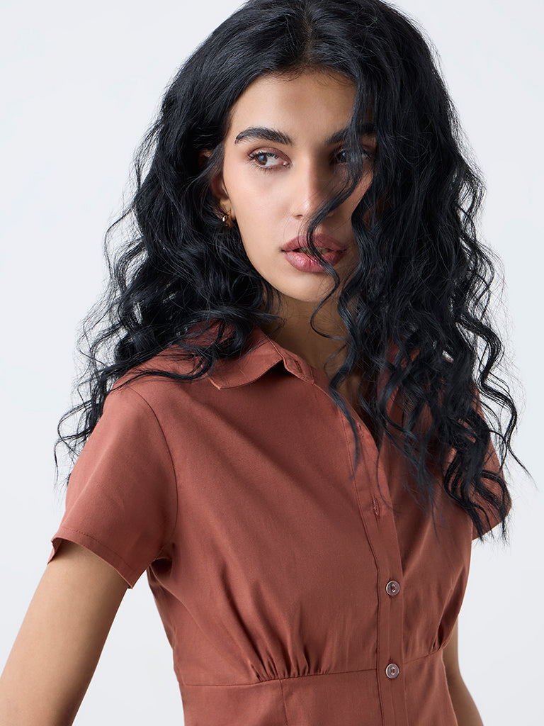 Nuon Brown Smocked Cotton Shirt