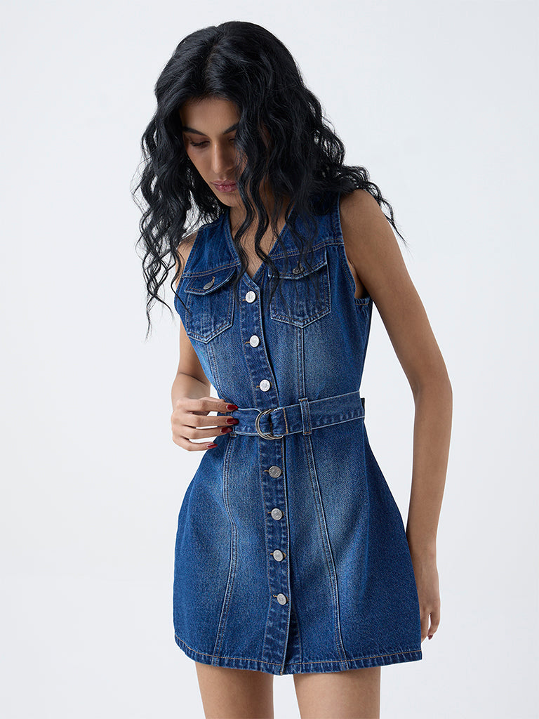 Nuon Blue Denim A-Line Dress with Belt