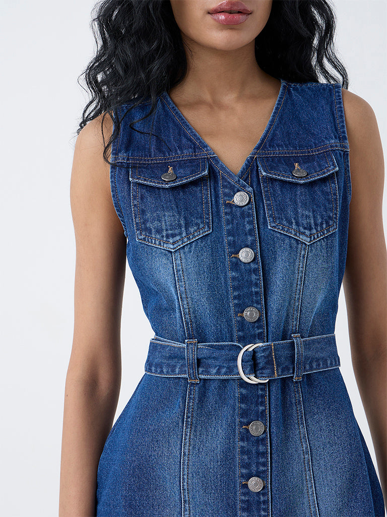Nuon Blue Denim A-Line Dress with Belt