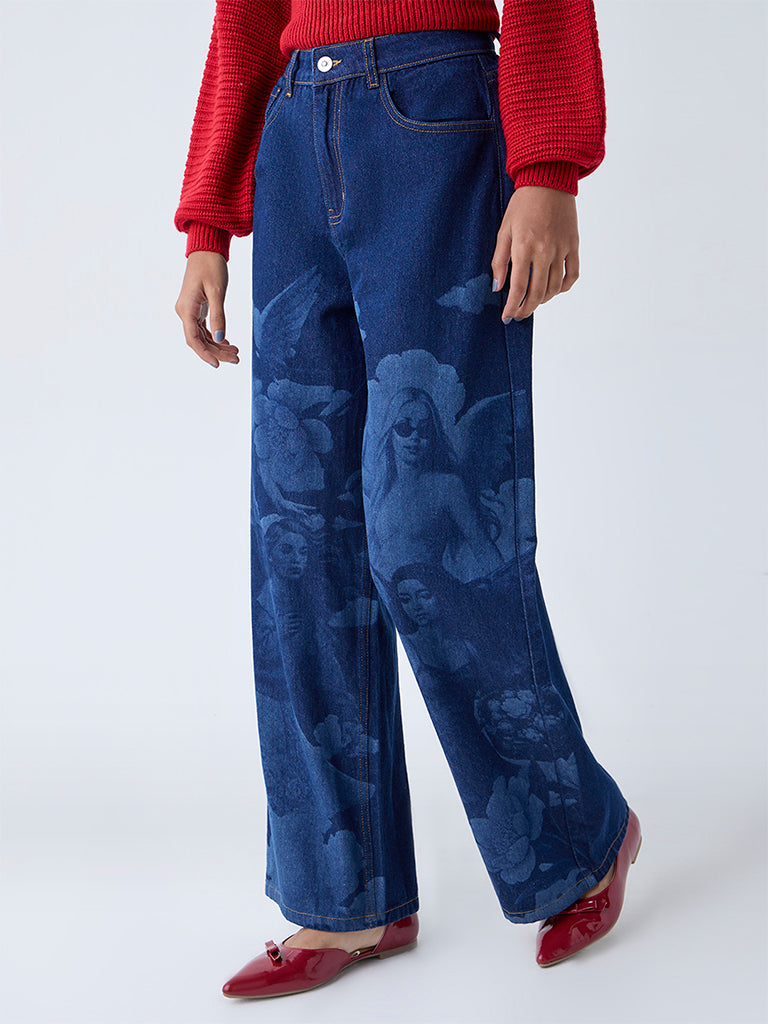 Nuon Blue Printed Relaxed-Fit High-Rise Jeans
