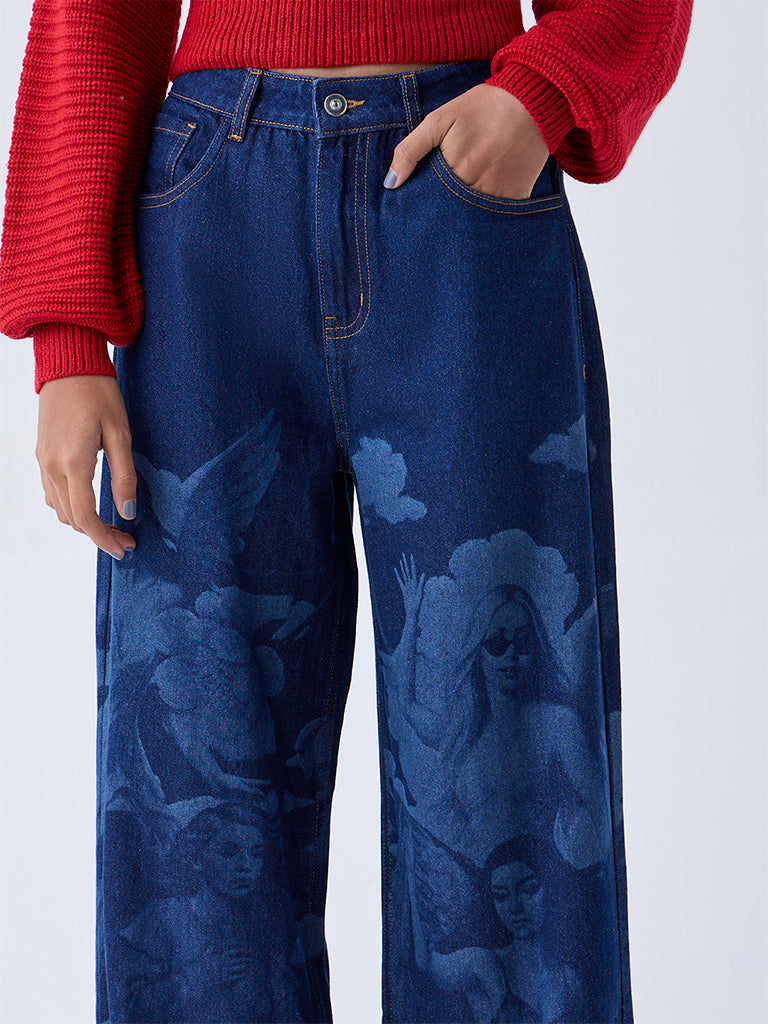 Nuon Blue Printed Relaxed-Fit High-Rise Jeans