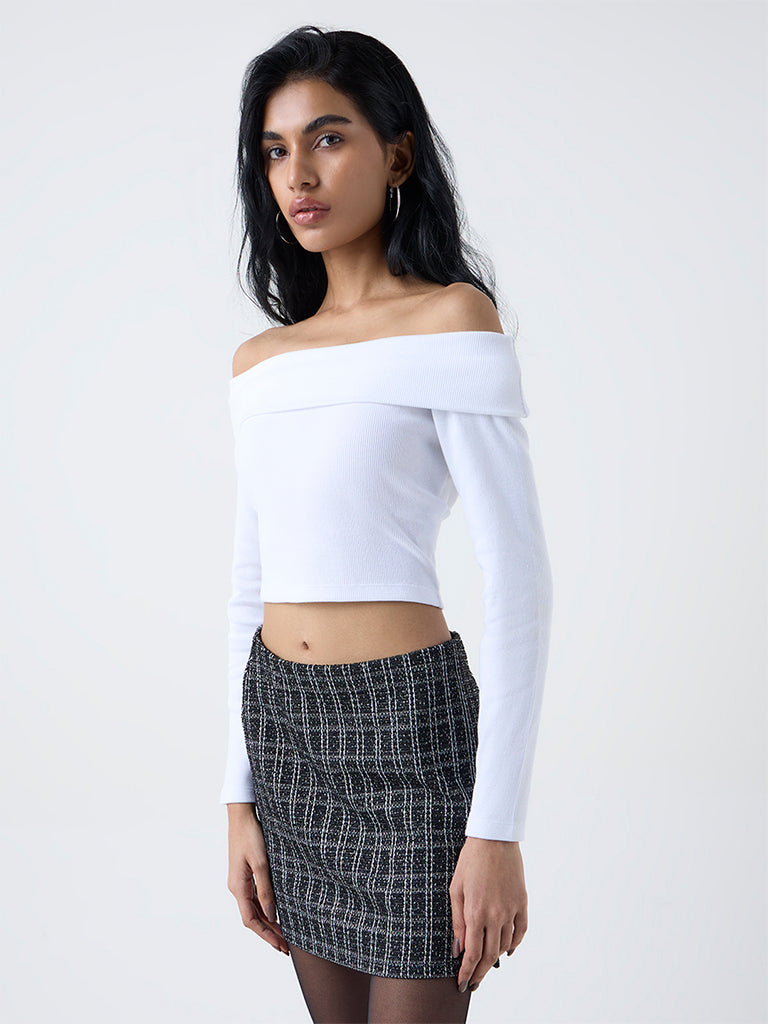 Nuon White Off-Shoulder Ribbed Cotton-Blend Top