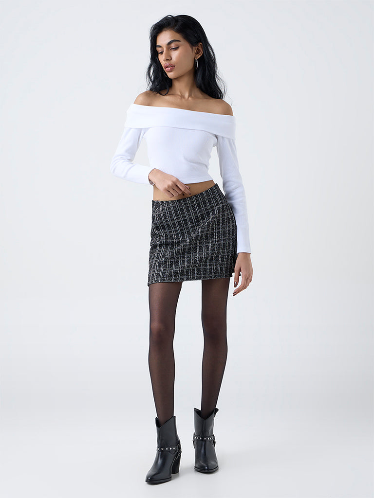 Nuon White Off-Shoulder Ribbed Cotton-Blend Top