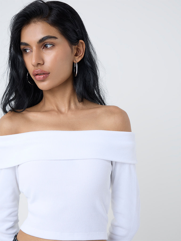 Nuon White Off-Shoulder Ribbed Cotton-Blend Top