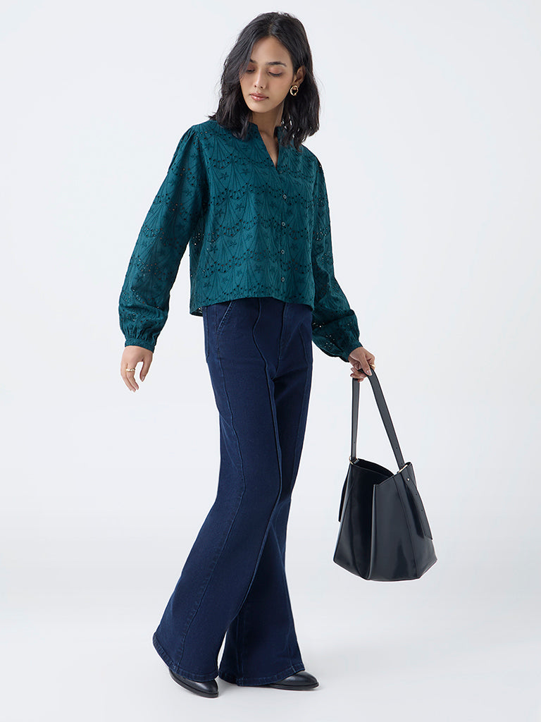 LOV Green Schiffli Embroidered Cotton Blouse