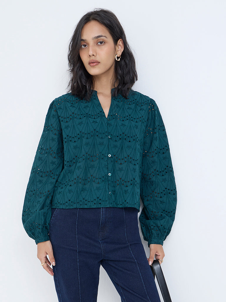 LOV Green Schiffli Embroidered Cotton Blouse