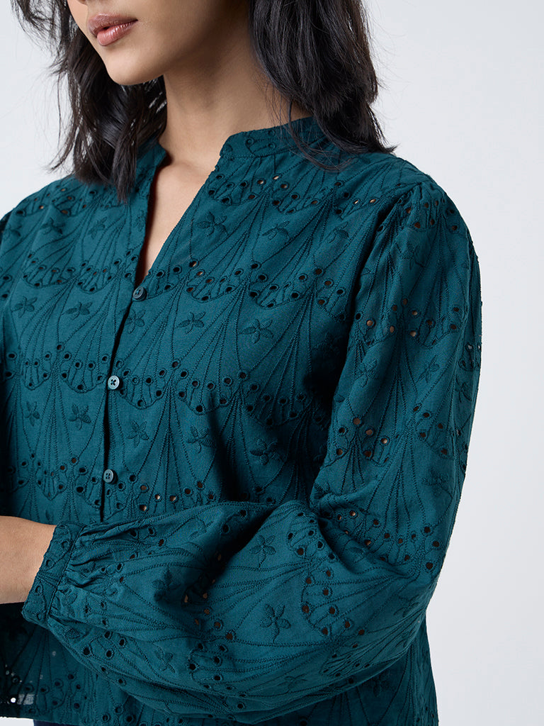LOV Green Schiffli Embroidered Cotton Blouse
