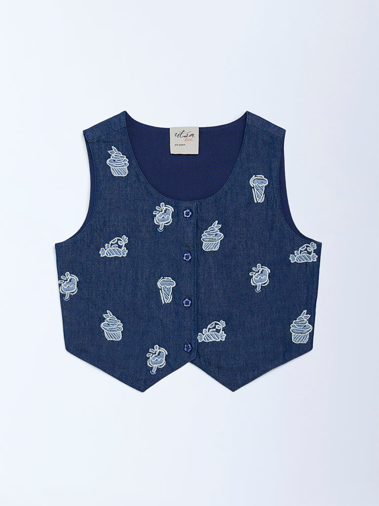 Utsa Kids Girls Navy Embroidered Denim Waistcoat - (2-8 yrs)