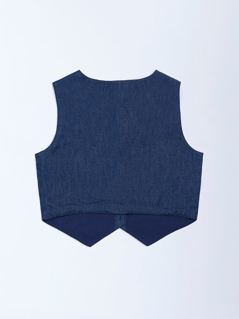 Utsa Kids Girls Navy Embroidered Denim Waistcoat - (2-8 yrs)
