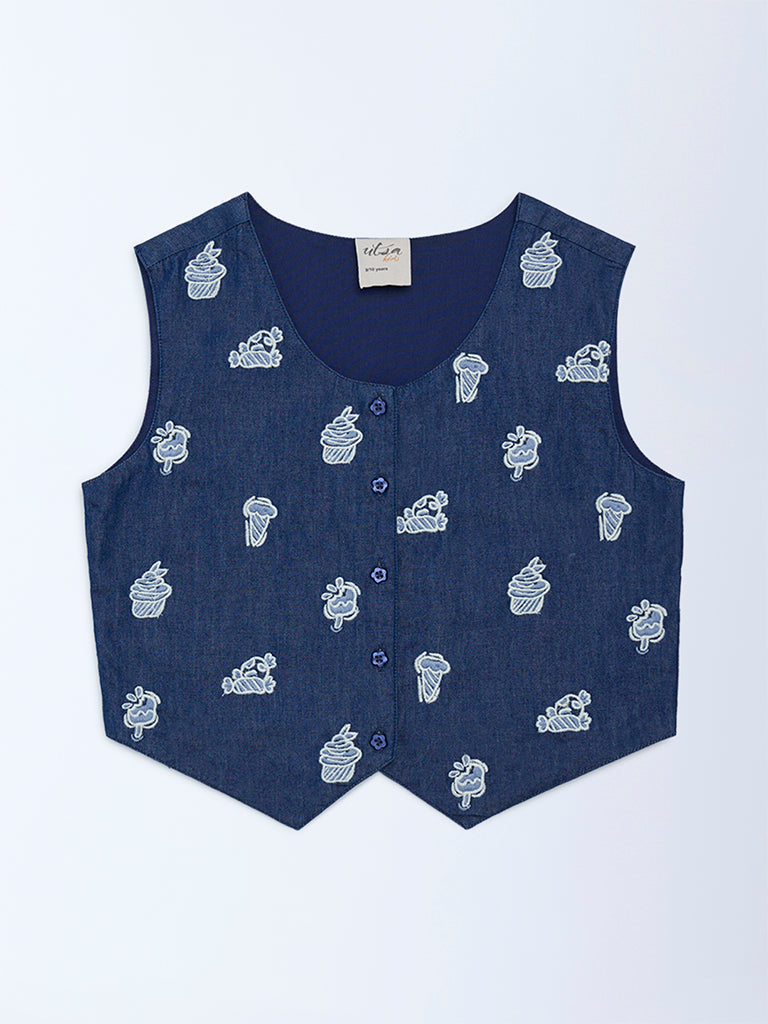 Utsa Kids Girls Navy Embroidered Denim Waistcoat - (8-14 yrs)