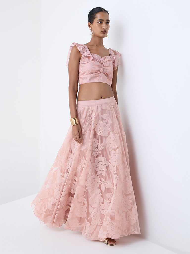Vark Blush Pink Floral Pattern Cotton-Blend Skirt