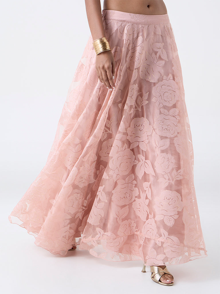 Vark Blush Pink Floral Pattern Cotton-Blend Skirt
