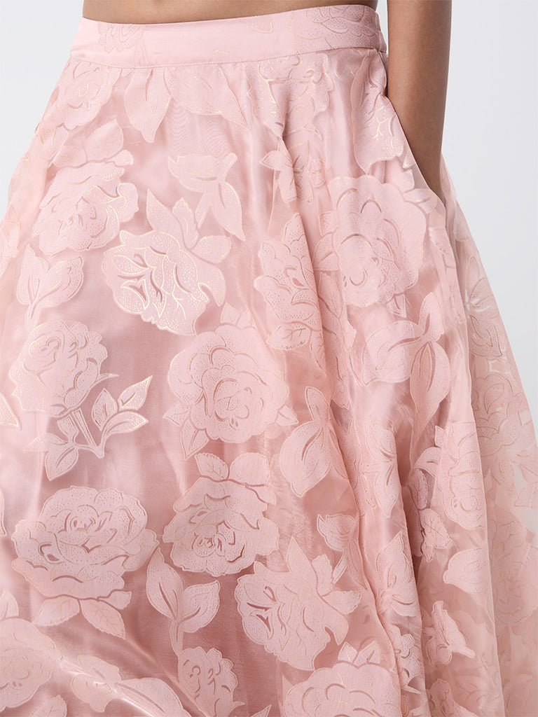 Vark Blush Pink Floral Pattern Cotton-Blend Skirt