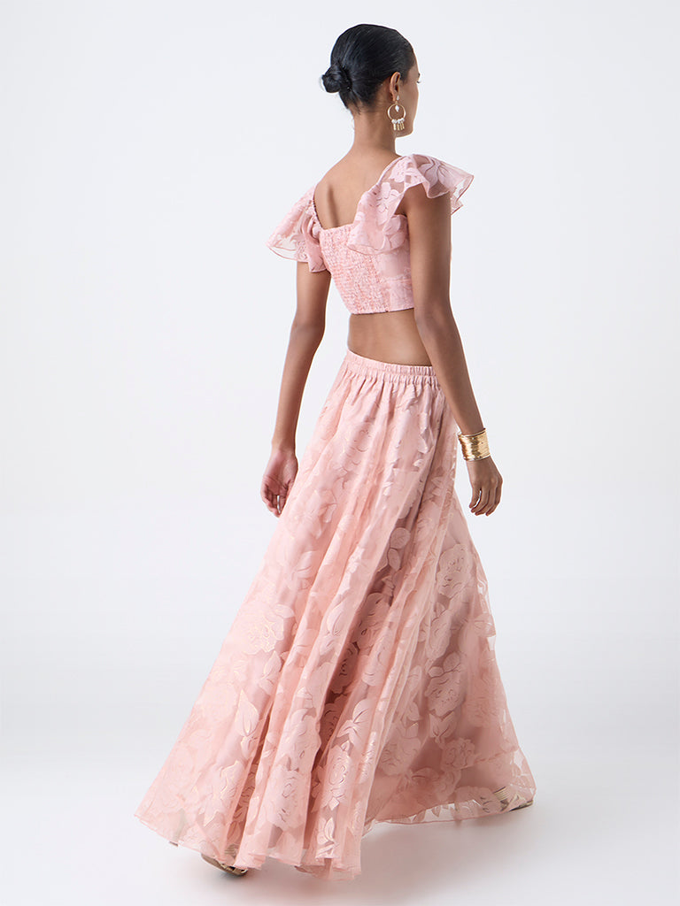 Vark Blush Pink Floral Pattern Cotton-Blend Skirt