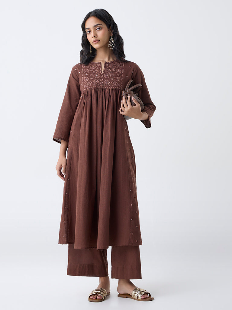 Utsa Brown Solid Cotton Pants