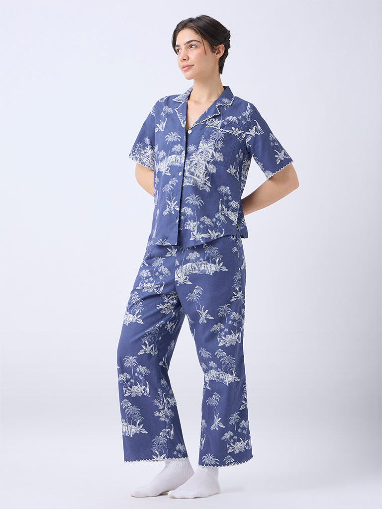 Wunderlove Dusty Blue Cotton Shirt and Pyjama Set