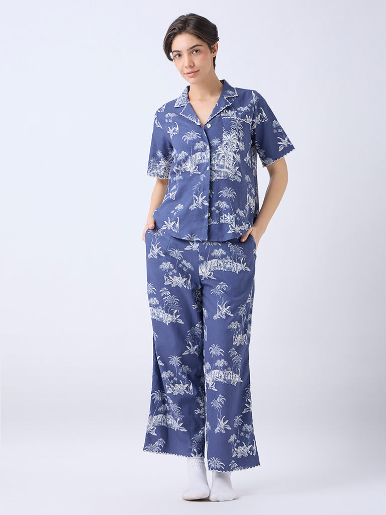Wunderlove Dusty Blue Cotton Shirt and Pyjama Set
