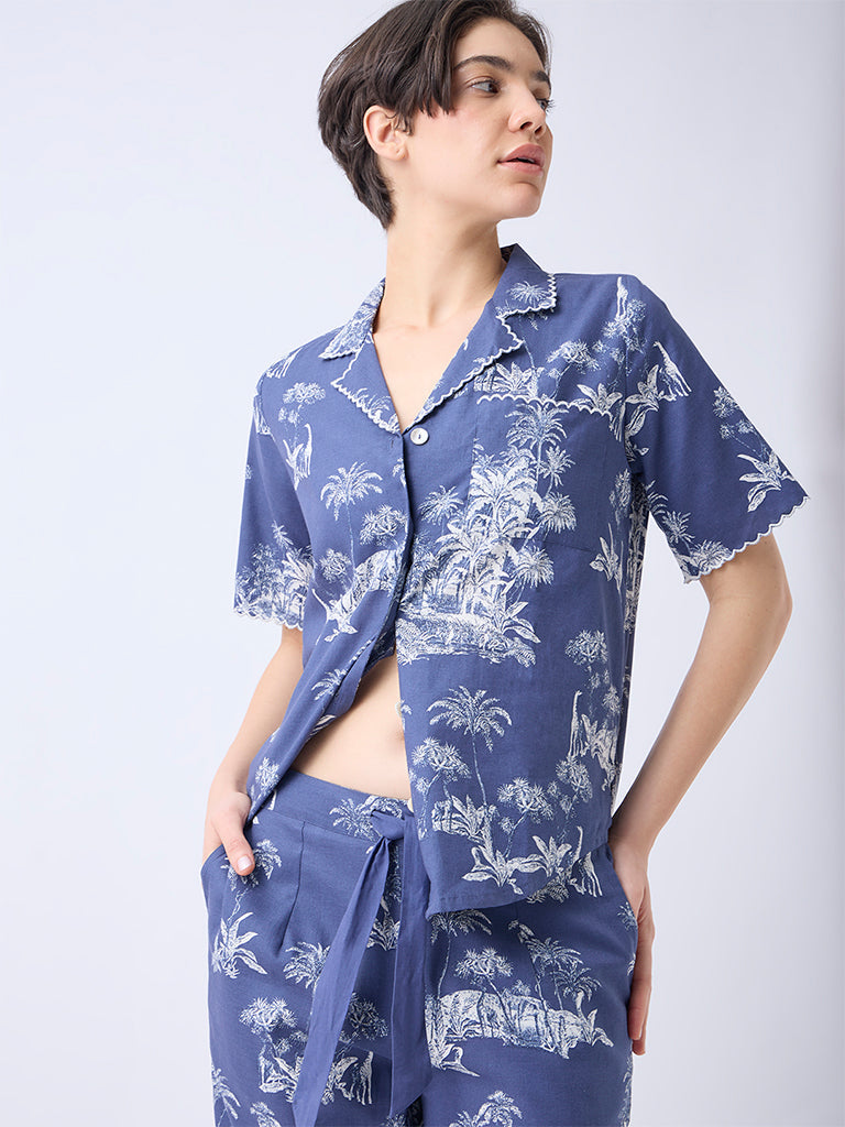 Wunderlove Dusty Blue Cotton Shirt and Pyjama Set