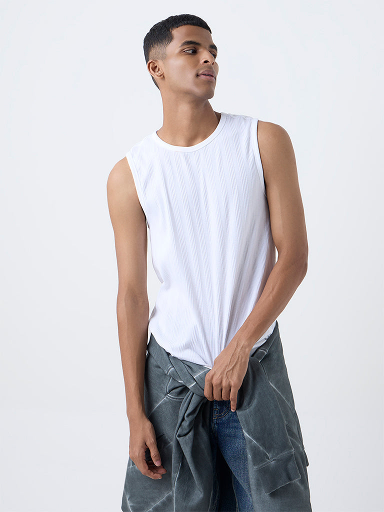 Nuon White Ribbed-Textured Slim-Fit Cotton-Blend T-Shirt