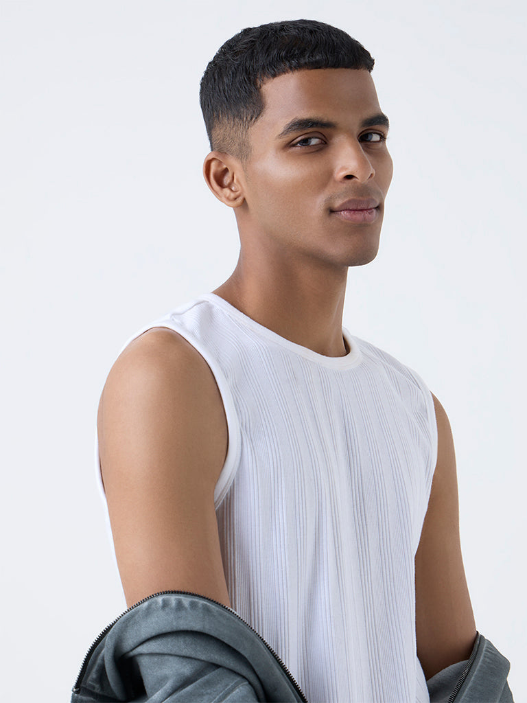 Nuon White Ribbed-Textured Slim-Fit Cotton-Blend T-Shirt