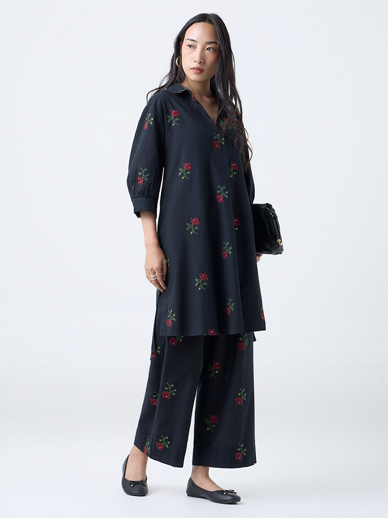 Utsa Black Floral Embroidered Cotton Palazzos