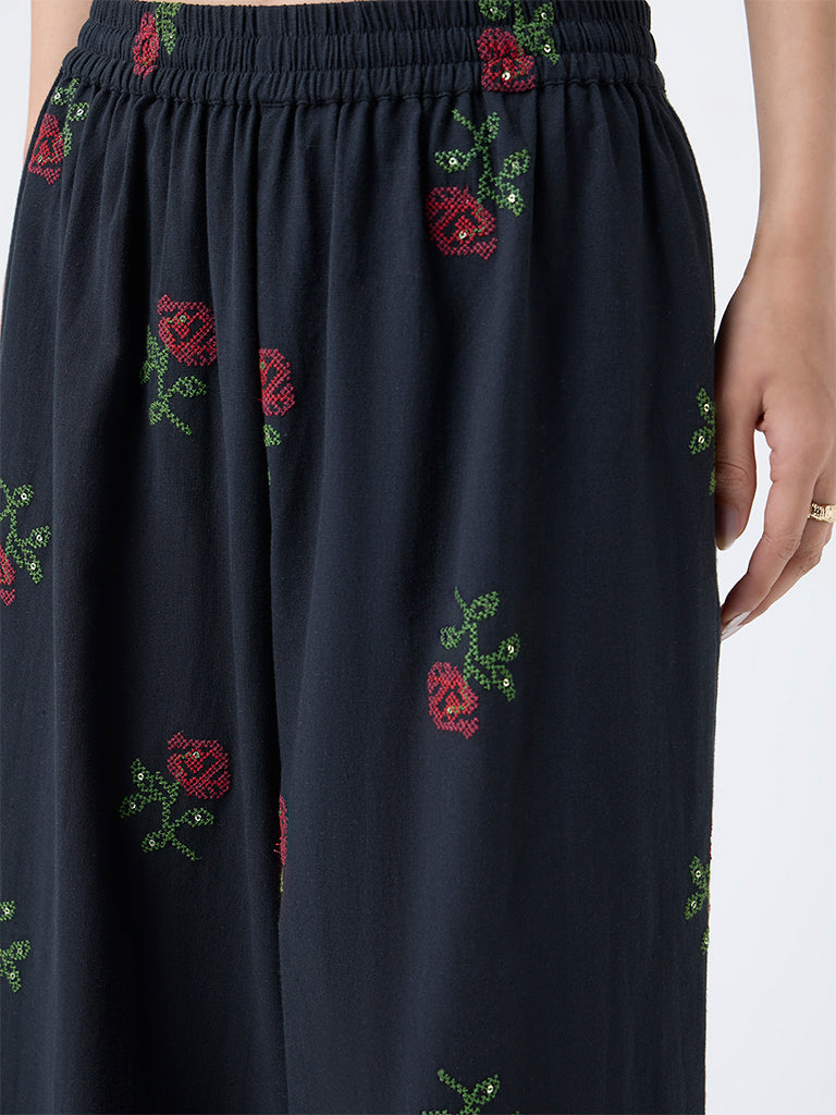 Utsa Black Floral Embroidered Cotton Palazzos