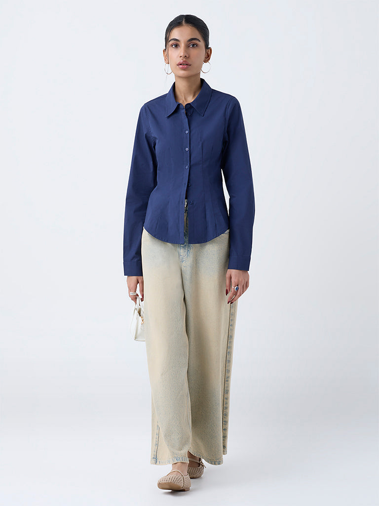 Nuon Navy Solid Cotton-Blend Shirt
