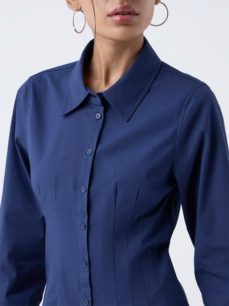 Nuon Navy Solid Cotton-Blend Shirt