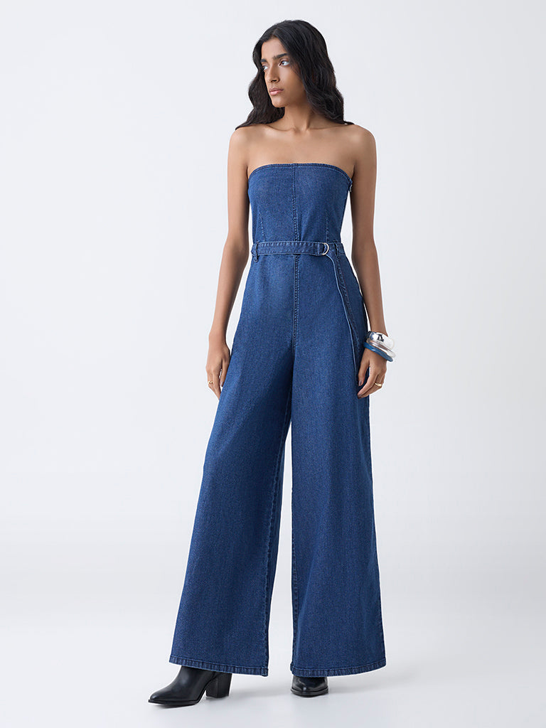 Nuon Blue Off-Shoulder Denim Jumpsuit with Belt