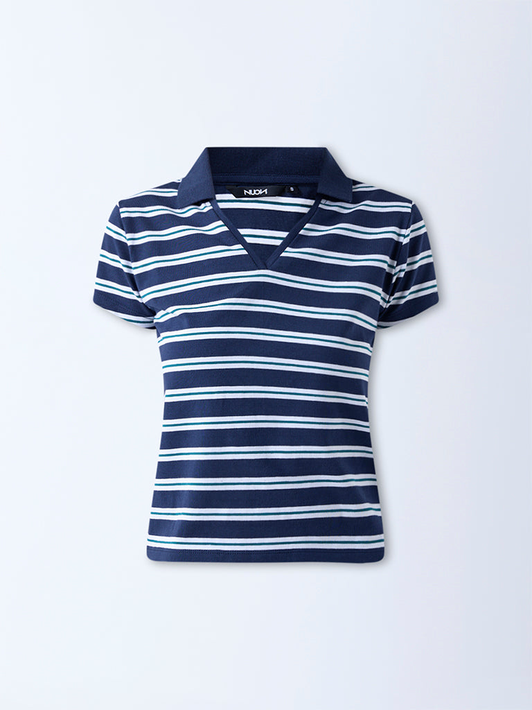 Nuon Navy Striped Cotton-Blend T-Shirt