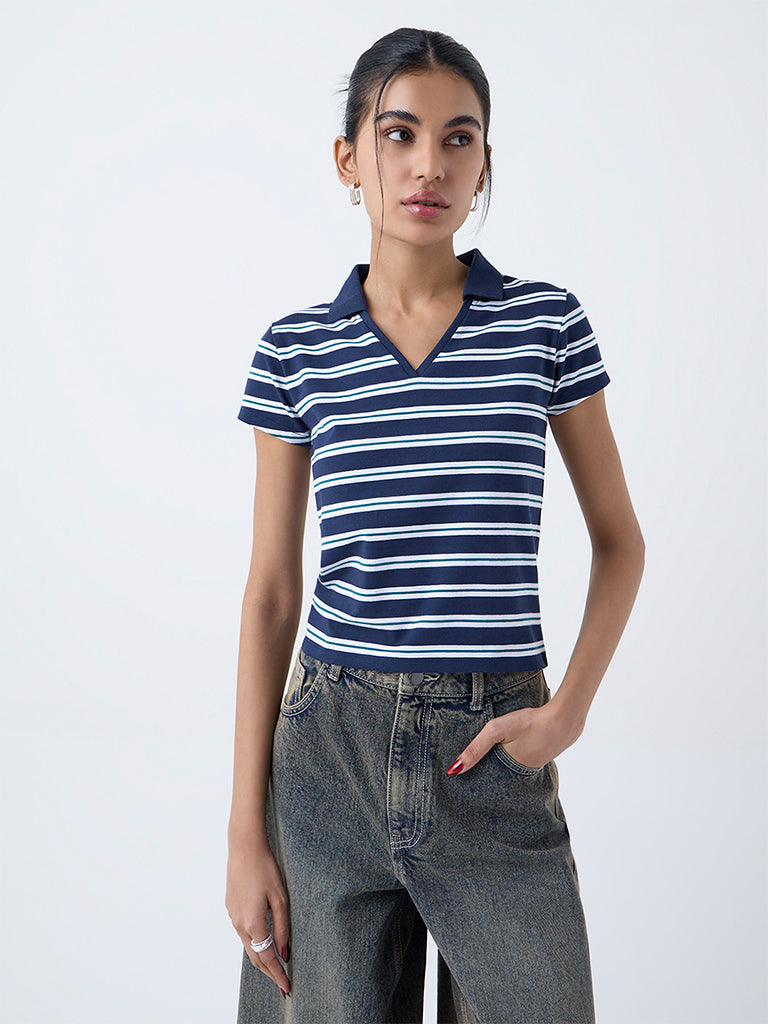 Nuon Navy Striped Cotton-Blend T-Shirt