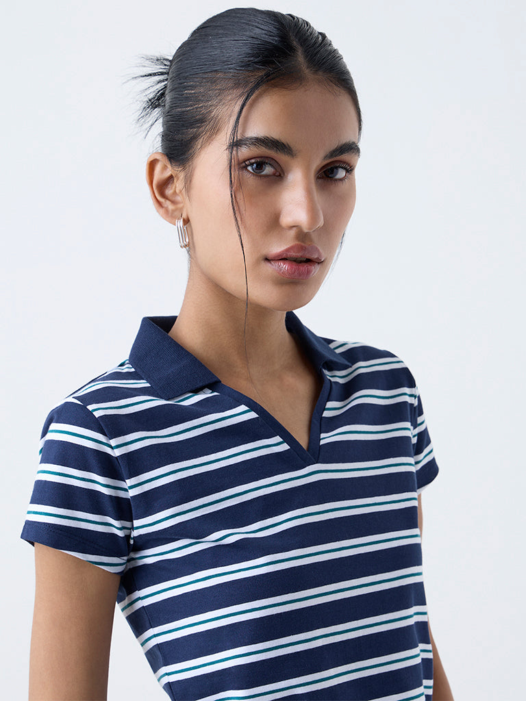 Nuon Navy Striped Cotton-Blend T-Shirt