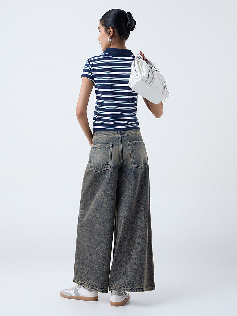 Nuon Navy Striped Cotton-Blend T-Shirt