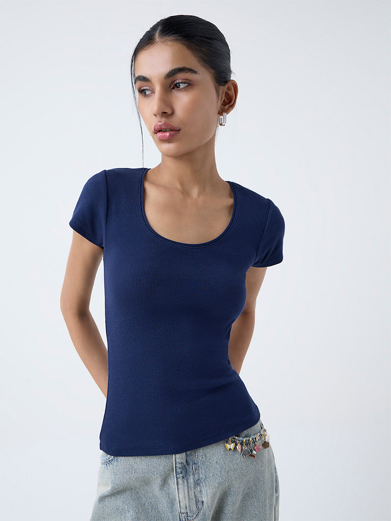Nuon Navy Ribbed Cotton-Blend T-Shirt