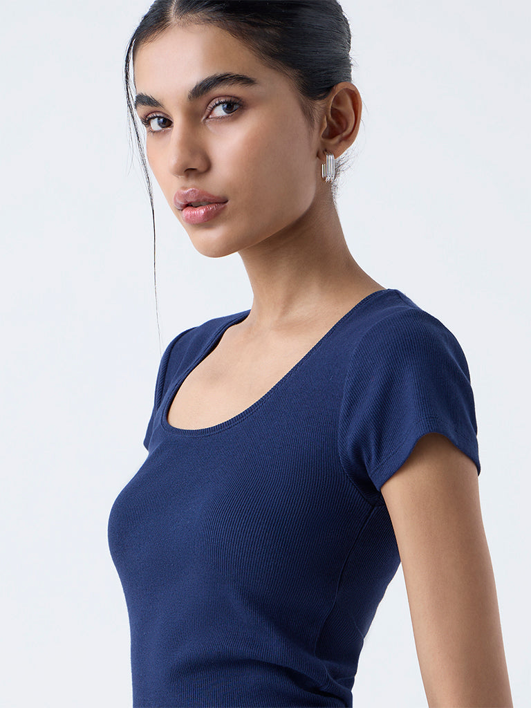 Nuon Navy Ribbed Cotton-Blend T-Shirt