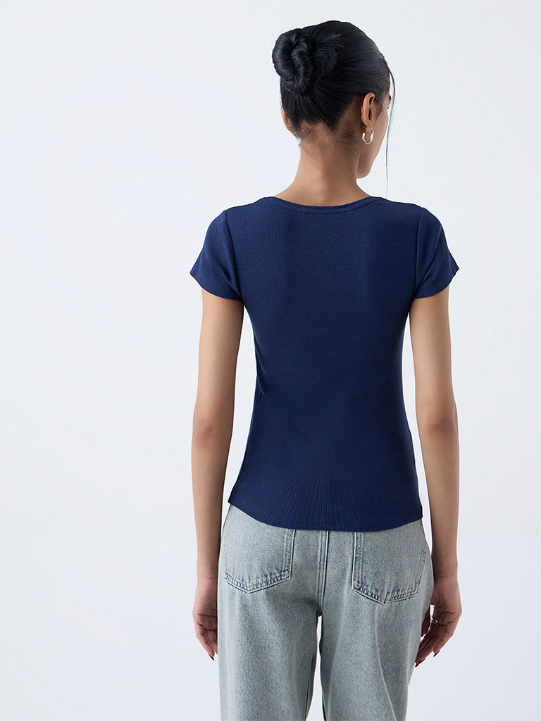 Nuon Navy Ribbed Cotton-Blend T-Shirt
