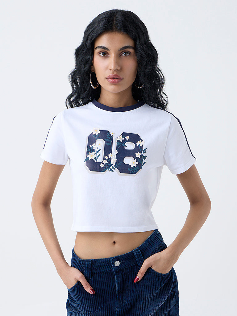 Nuon White Numerical Printed T-Shirt