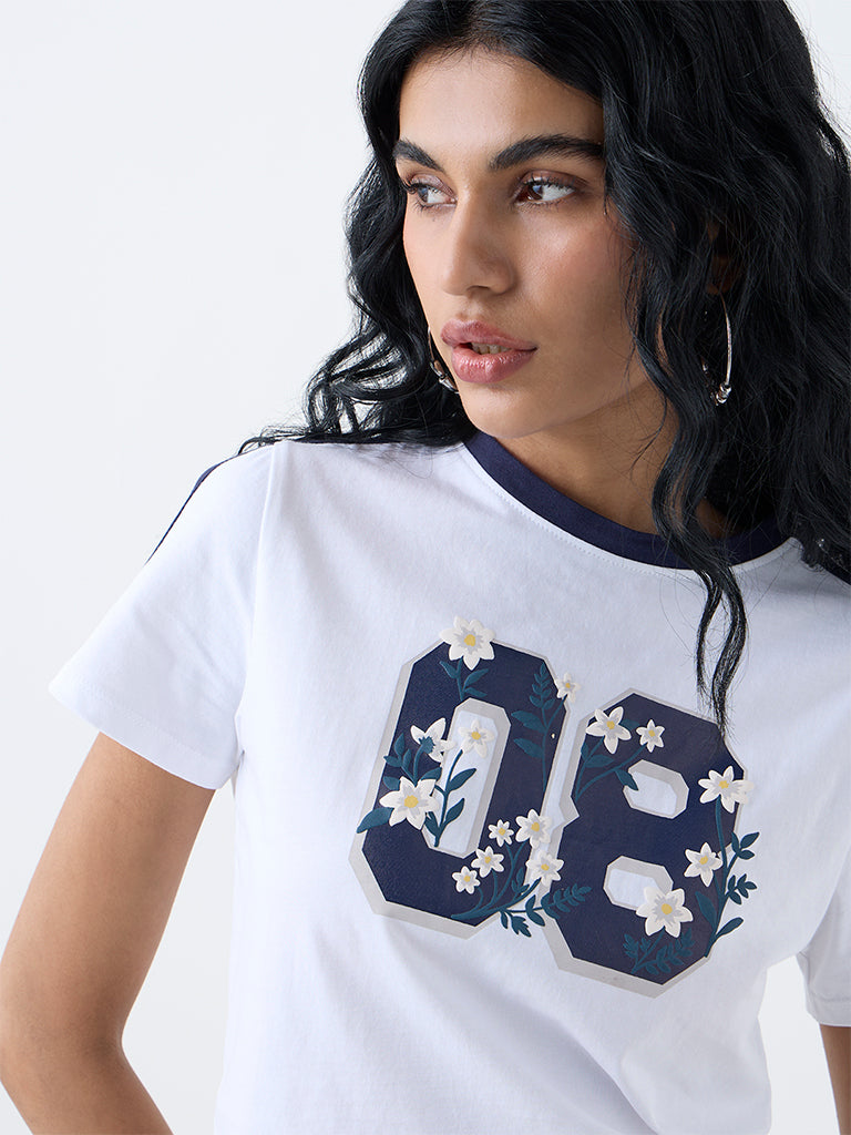 Nuon White Numerical Printed T-Shirt